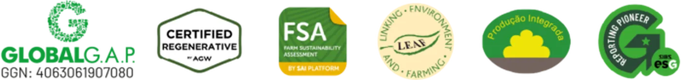 Global G.A.P · Certified Regenerative by AGW · FSA · LEAF Marque · Produção Integrada · ESG Reporting Pioneer